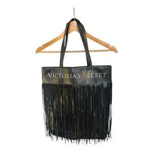 Victoria's Secret black fringe logo tote bag, magnetic closure, inner pockets